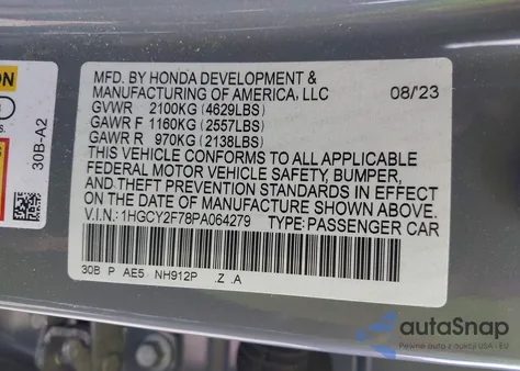 2023 Honda Accord Hybrid Sport-L из США, поврежденный, VIN 1HGCY2F78PA064279